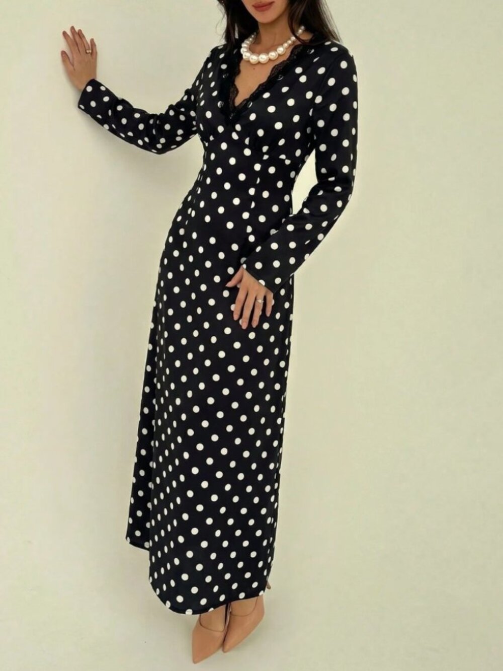 Black Polka Dot Lace-Trim V-Neck Maxi Dress